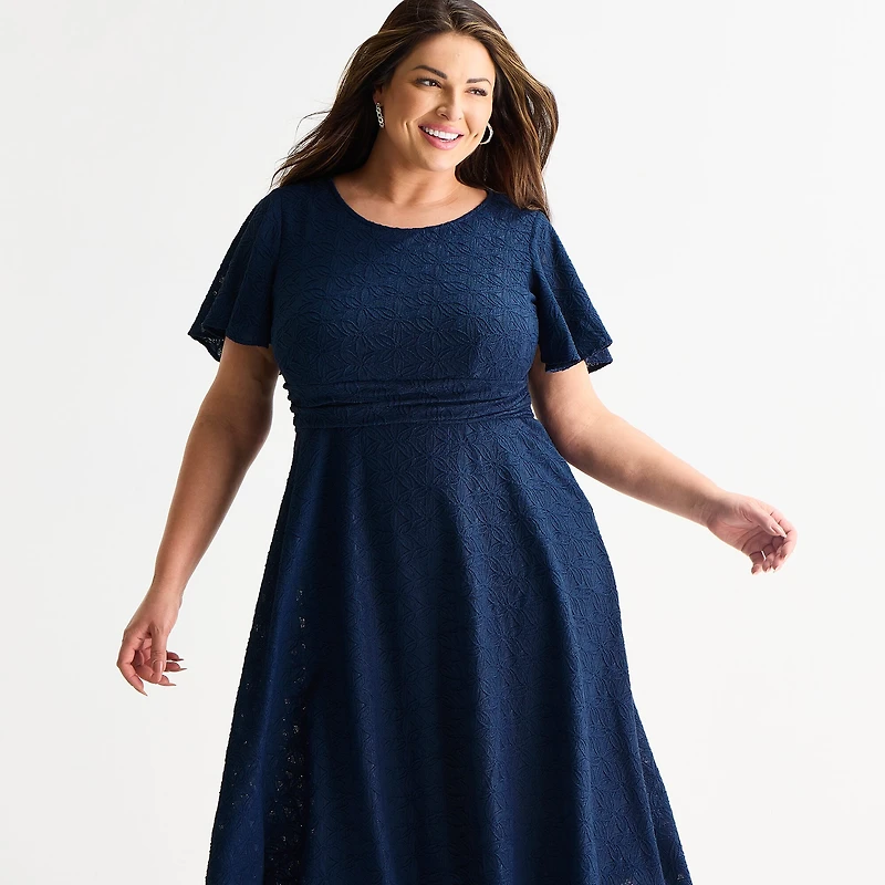 Perceptions Womens Plus Short Sleeve Lace Midi Fit + Flare Dress