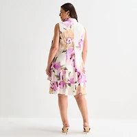Robbie Bee Womens Plus Asymmetrical Neck Sleeveless Floral Shift Dress