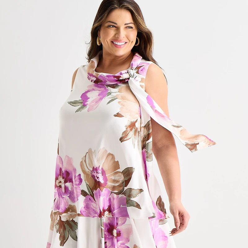 Robbie Bee Womens Plus Asymmetrical Neck Sleeveless Floral Shift Dress