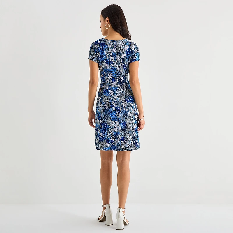 Perceptions Womens Petite Round Neck Short Sleeve Floral Fit + Flare Dress