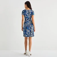 Perceptions Womens Petite Round Neck Short Sleeve Floral Fit + Flare Dress