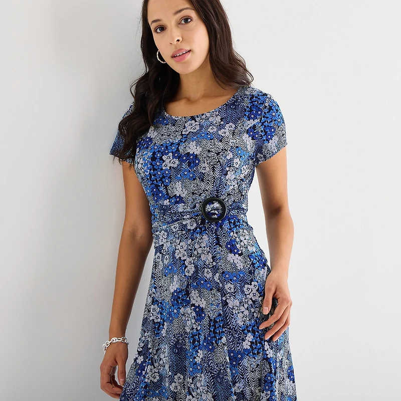 Perceptions Womens Petite Round Neck Short Sleeve Floral Fit + Flare Dress