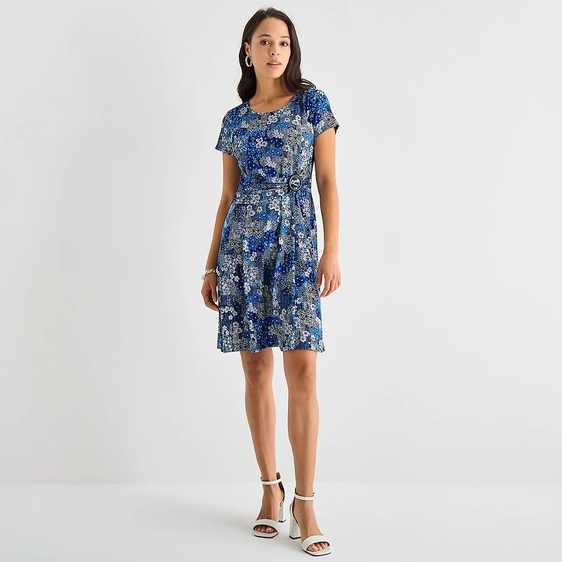 Perceptions Womens Petite Round Neck Short Sleeve Floral Fit + Flare Dress