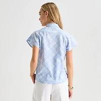 Liz Claiborne Womens Split Crew Neck Short Sleeve Blouse