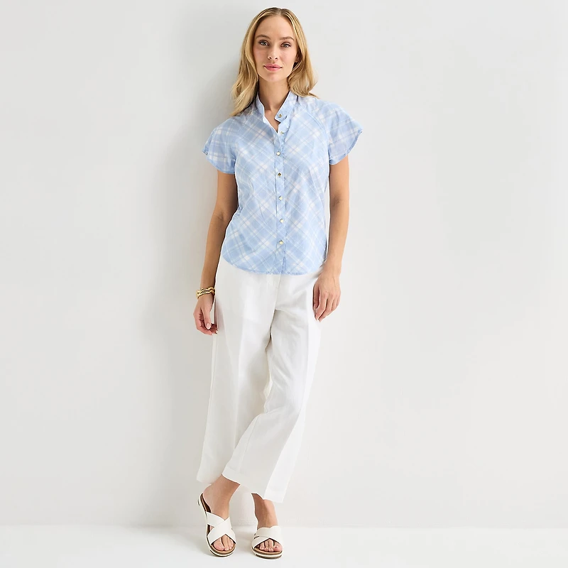 Liz Claiborne Womens Split Crew Neck Short Sleeve Blouse
