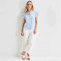 Liz Claiborne Womens Split Crew Neck Short Sleeve Blouse