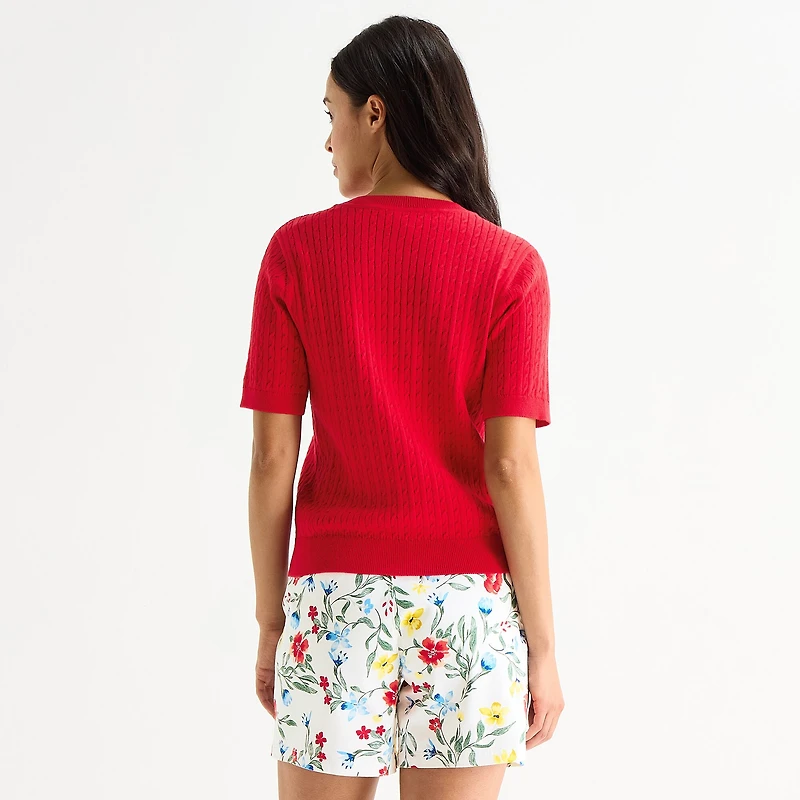 St. John's Bay Womens Crew Neck Short Sleeve Cable Knit Pullover Sweater