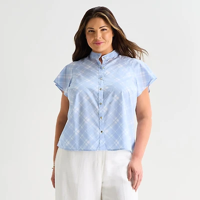 Liz Claiborne Womens Plus Mock Neck Short Sleeve Blouse