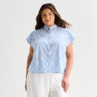 Liz Claiborne Womens Plus Mock Neck Short Sleeve Blouse