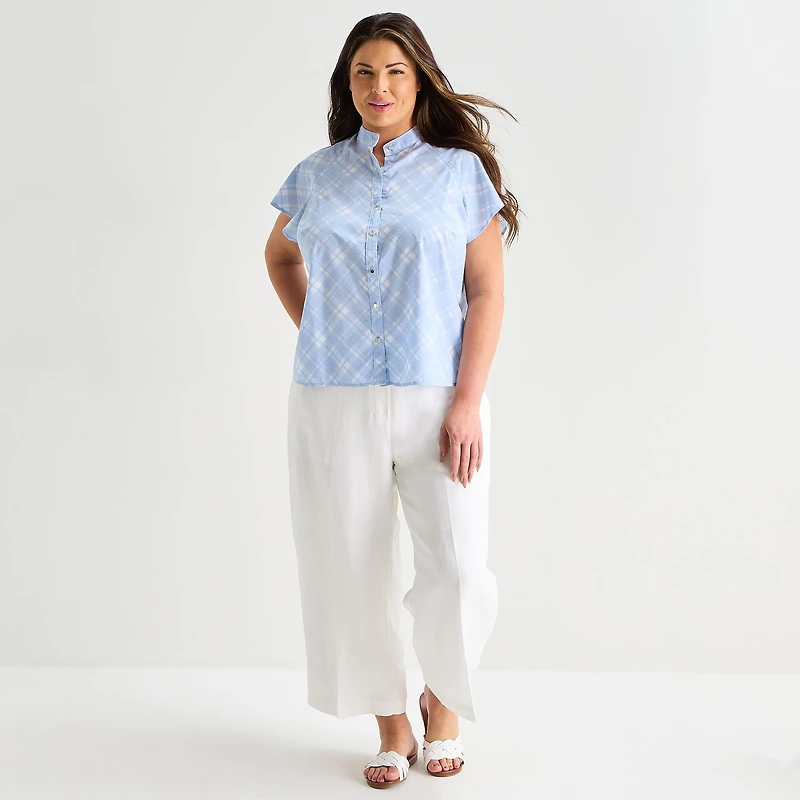 Liz Claiborne Womens Plus Mock Neck Short Sleeve Blouse