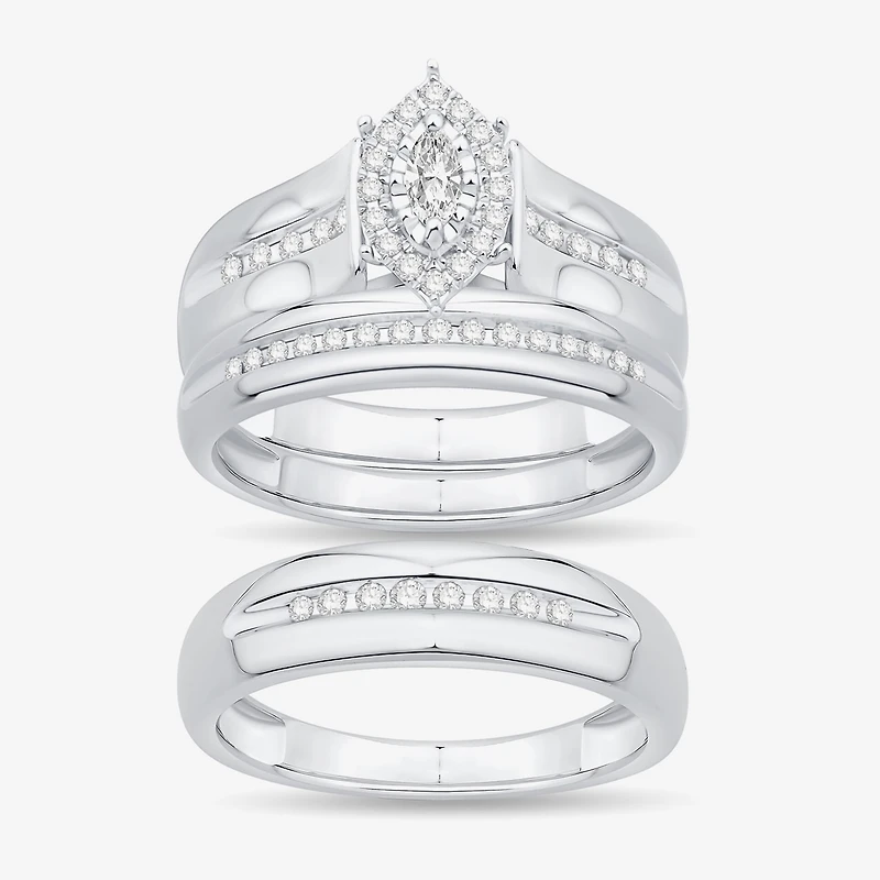 Unisex Adult 3/8 CT. T.W. Natural White Diamond 10K Gold Marquise Halo Side Stone Ring Set