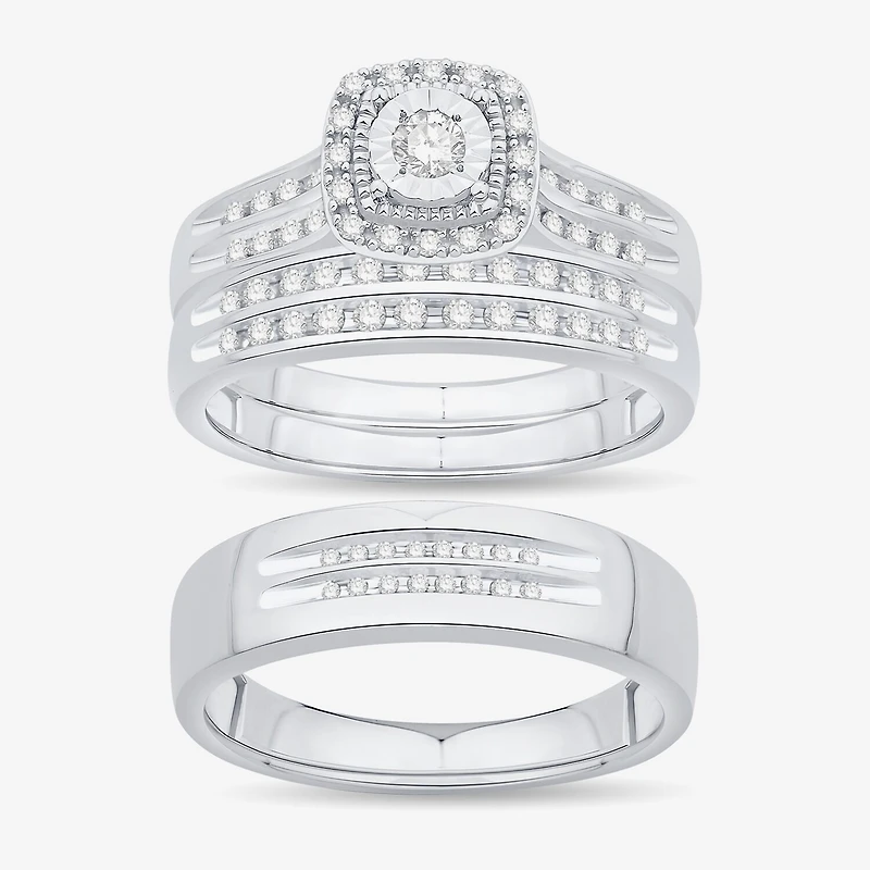 Unisex Adult 1/2 CT. T.W. Natural White Diamond 10K Gold Cushion Halo Side Stone Ring Set