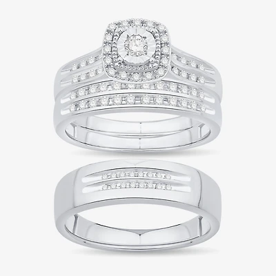 Unisex Adult 1/2 CT. T.W. Natural White Diamond 10K Gold Cushion Halo Side Stone Ring Set