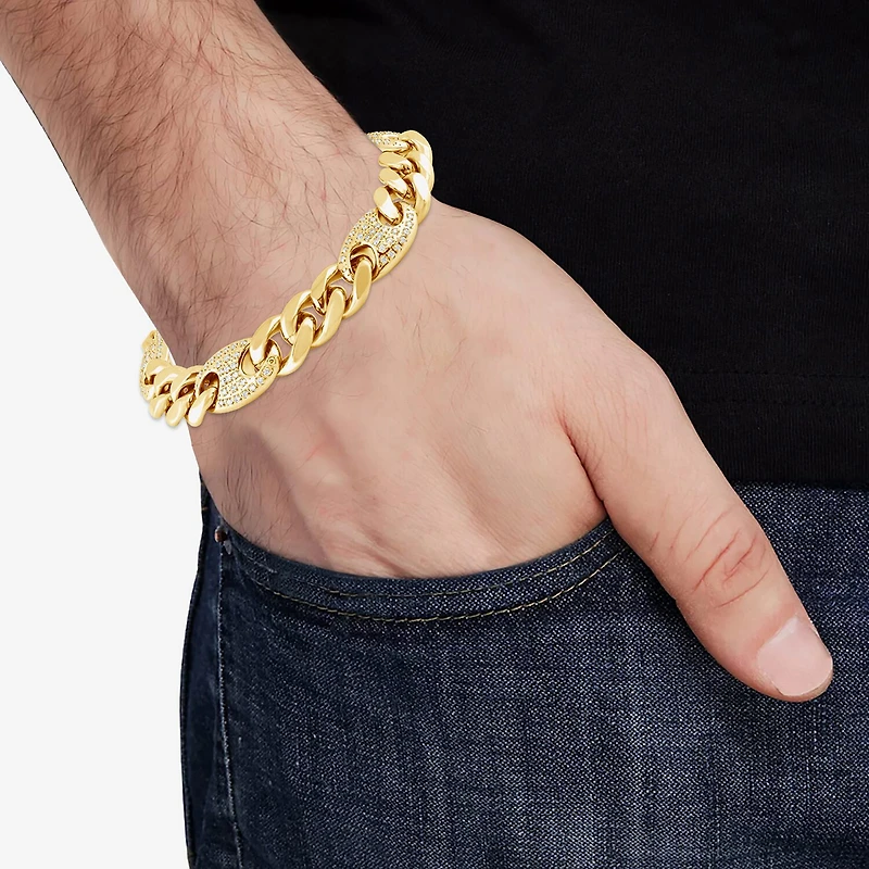 (F, Si2) Mens 14K Gold Over Stainless Steel Stainless Steel 8 1/2 Inch Solid Curb Chain Bracelet