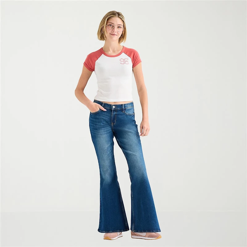 Arizona Womens Juniors Short Low Rise Stretch Fabric Flare Leg Jean