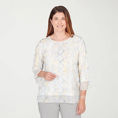 Alfred Dunner Al Fresco Womens Crew Neck 3/4 Sleeve Layered Top