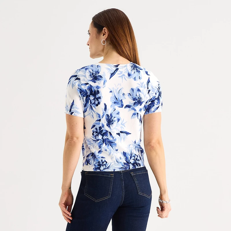 Liz Claiborne Womens Crew Neck Short Sleeve Floral Pullover Sweater