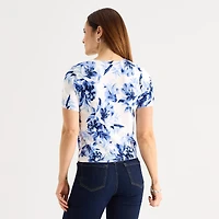Liz Claiborne Womens Crew Neck Short Sleeve Floral Pullover Sweater