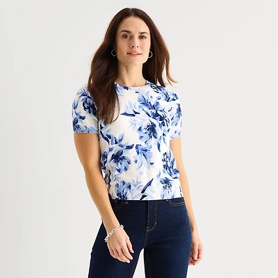Liz Claiborne Womens Crew Neck Short Sleeve Floral Pullover Sweater