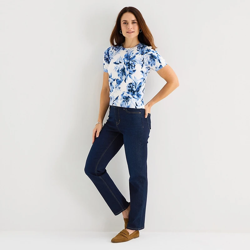 Liz Claiborne Womens Crew Neck Short Sleeve Floral Pullover Sweater