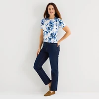 Liz Claiborne Womens Crew Neck Short Sleeve Floral Pullover Sweater