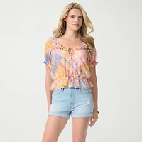 JS Jessica Simpson Womens Split Tie Neck Short Sleeve Peplum Top