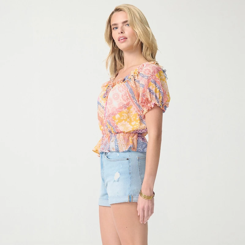JS Jessica Simpson Womens Split Tie Neck Short Sleeve Peplum Top