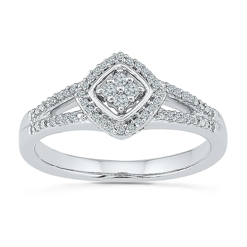 Promise My Love Womens 1/6 CT. T.W. Natural White Diamond Sterling Silver Cushion Side Stone Halo Ring
