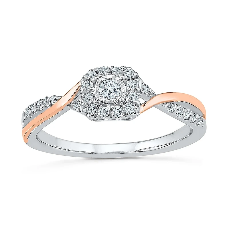 Promise My Love Womens 1/5 CT. Natural White Diamond 10K Rose Gold Over Silver Sterling Cushion Bypass Halo Ring