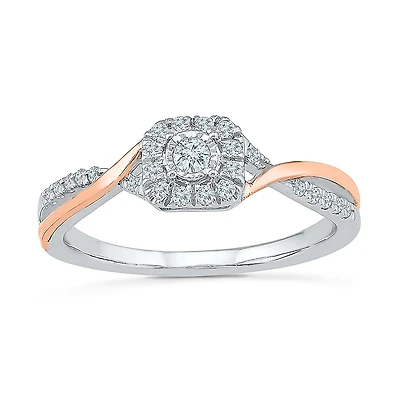 Promise My Love Womens 1/5 CT. Natural White Diamond 10K Rose Gold Over Silver Sterling Cushion Bypass Halo Ring