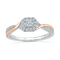 Promise My Love Womens 1/5 CT. Natural White Diamond 10K Rose Gold Over Silver Sterling Cushion Bypass  Halo Ring