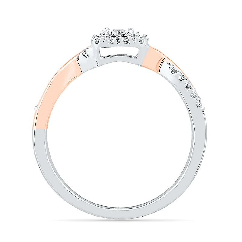 Promise My Love Womens 1/5 CT. Natural White Diamond 10K Rose Gold Over Silver Sterling Cushion Bypass Halo Ring