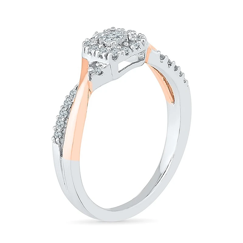 Promise My Love Womens 1/5 CT. Natural White Diamond 10K Rose Gold Over Silver Sterling Cushion Bypass Halo Ring