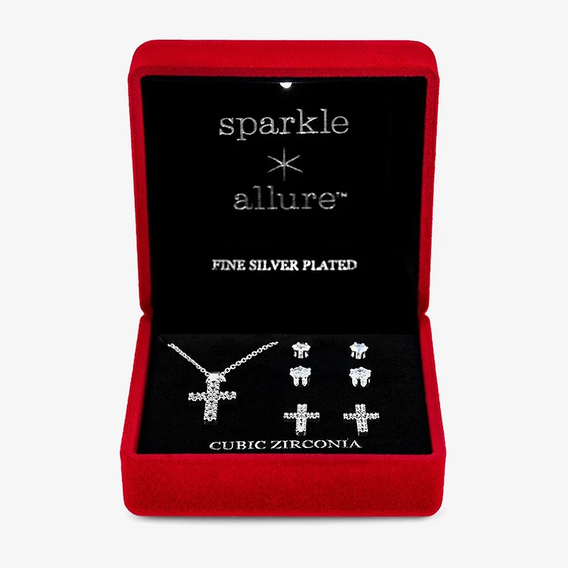 Sparkle Allure Light Up Box Womens Cubic Zirconia Pure Silver Over Brass Cross 4-pc. Jewelry Set