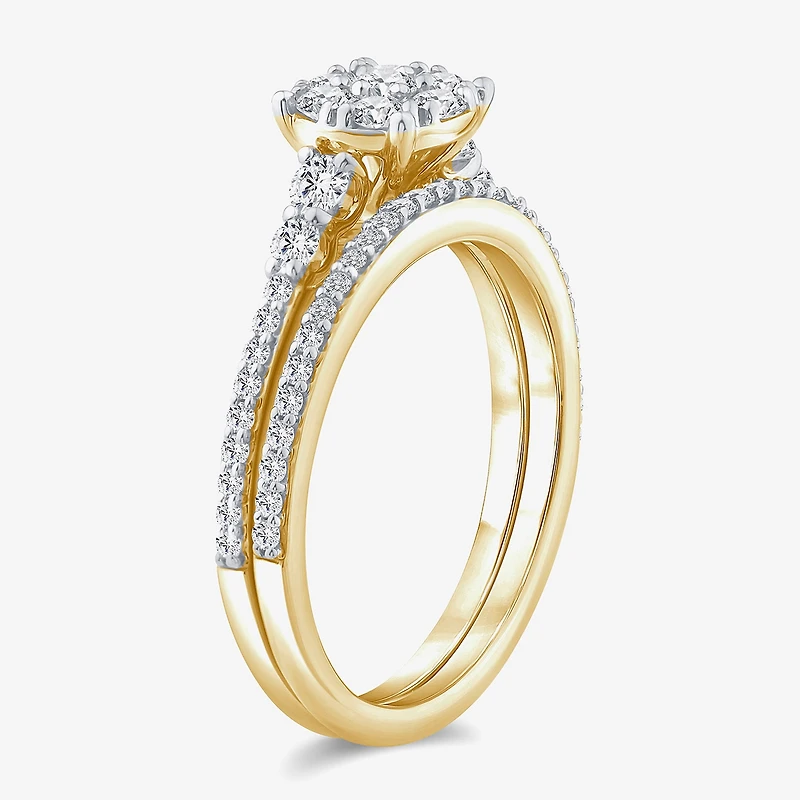 Womens 3/4 CT. T.W. Natural White Diamond 10K Gold Halo Bridal Set