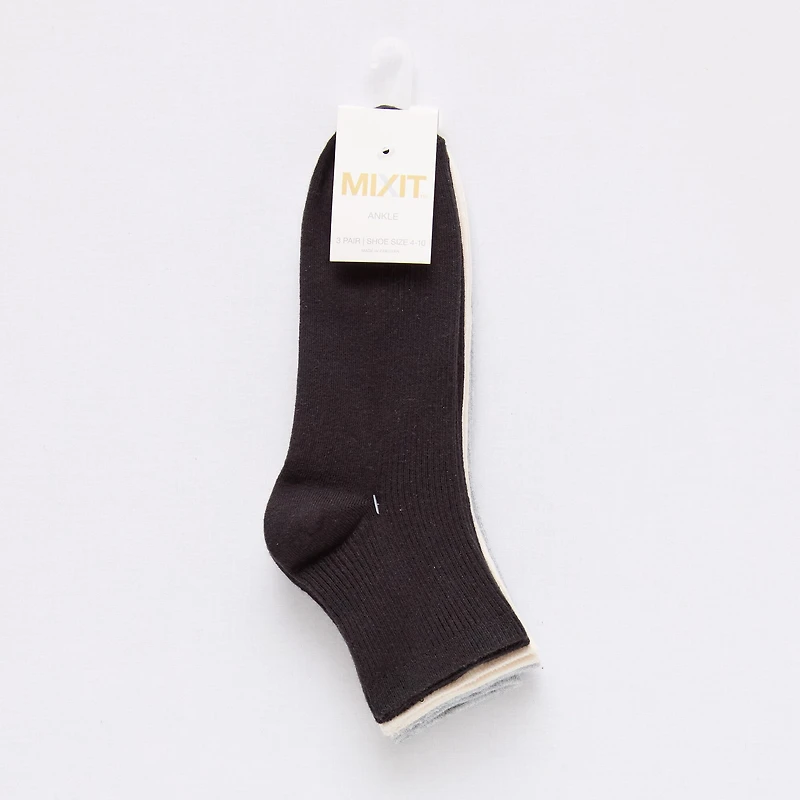 Mixit Rib Womens 3 Pair Quarter Ankle Socks