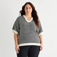 Stylus Plus Womens V Neck Elbow Sleeve Pullover Sweater
