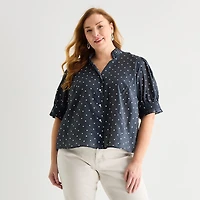 Liz Claiborne Womens Plus Mock Neck Short Sleeve Blouse