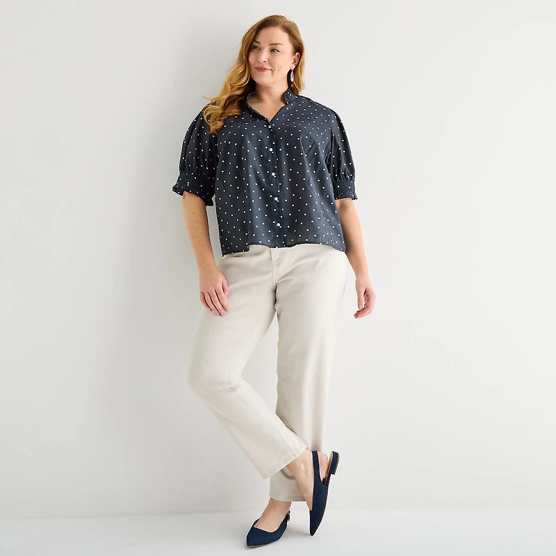 Liz Claiborne Womens Plus Mock Neck Short Sleeve Blouse