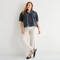 Liz Claiborne Womens Plus Mock Neck Short Sleeve Blouse