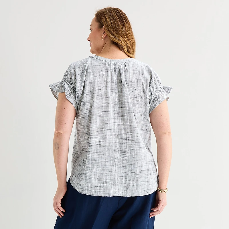 Liz Claiborne Womens Plus Split Crew Neck Short Sleeve Blouse