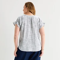 Liz Claiborne Womens Plus Split Crew Neck Short Sleeve Blouse