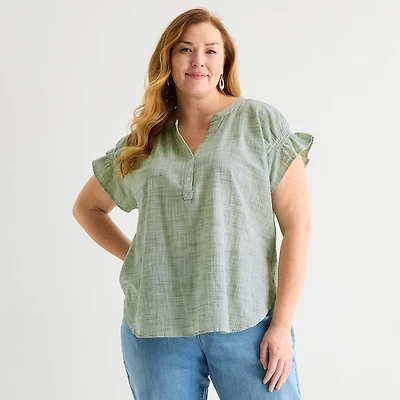 Liz Claiborne Womens Plus Split Crew Neck Short Sleeve Blouse
