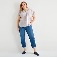 Liz Claiborne Womens Plus Split Crew Neck Short Sleeve Blouse