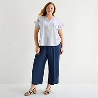 Liz Claiborne Womens Plus Split Crew Neck Short Sleeve Blouse