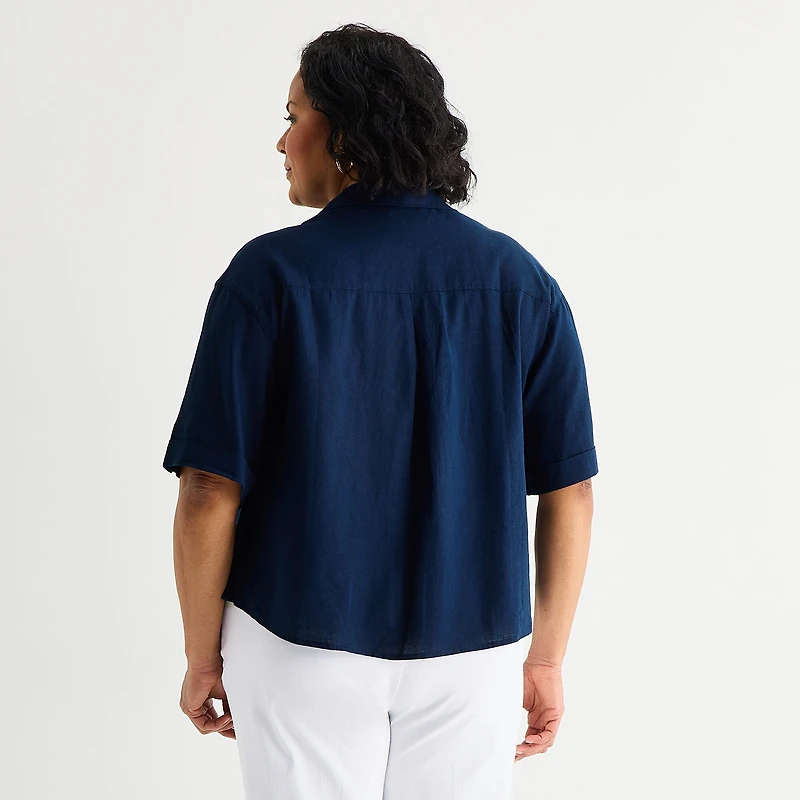 Liz Claiborne Linen Womens Plus Roll Tab Short Sleeve Regular Fit Button-Down Shirt