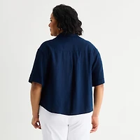 Liz Claiborne Linen Womens Plus Roll Tab Short Sleeve Regular Fit Button-Down Shirt