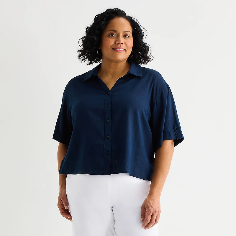 Liz Claiborne Linen Womens Plus Roll Tab Short Sleeve Regular Fit Button-Down Shirt
