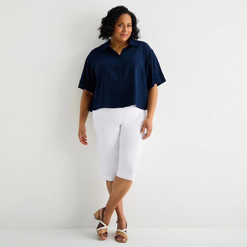 Liz Claiborne Linen Womens Plus Roll Tab Short Sleeve Regular Fit Button-Down Shirt