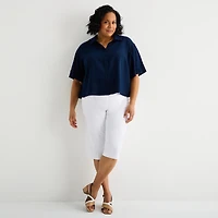 Liz Claiborne Linen Womens Plus Roll Tab Short Sleeve Regular Fit Button-Down Shirt